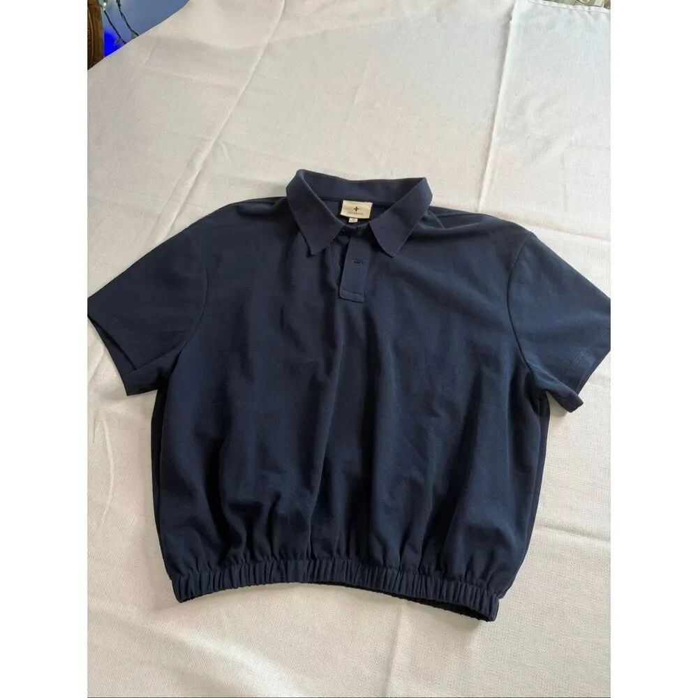 TUCKERNUCK Short Sleeve Polo Shirt Navy Blue Golf Preppy Elastic Size Medium